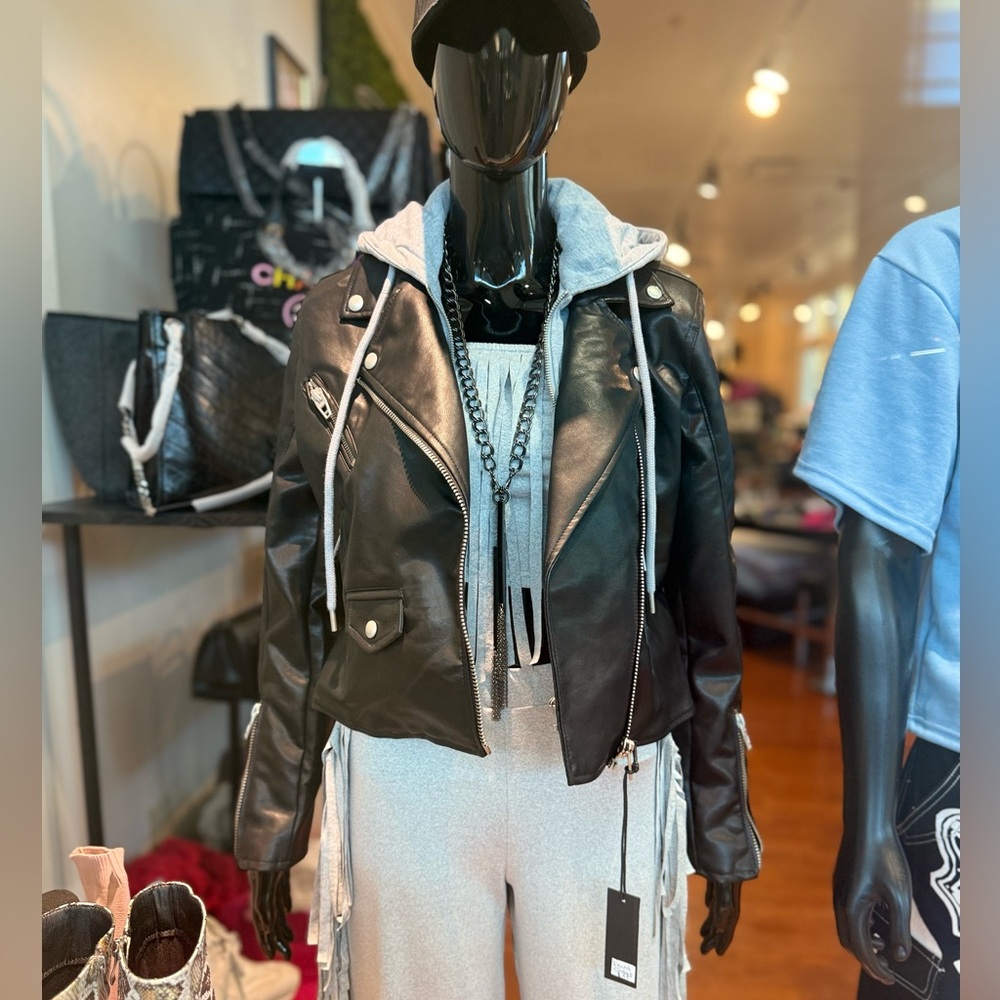 Blank NYC Black Faux Leather Jacket with Gray Accents